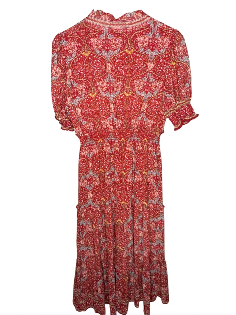 Max Studio London Red Floral Tiered Maxi Dress Boho V-Neck Smocked Waist Size M - Picture 6 of 6